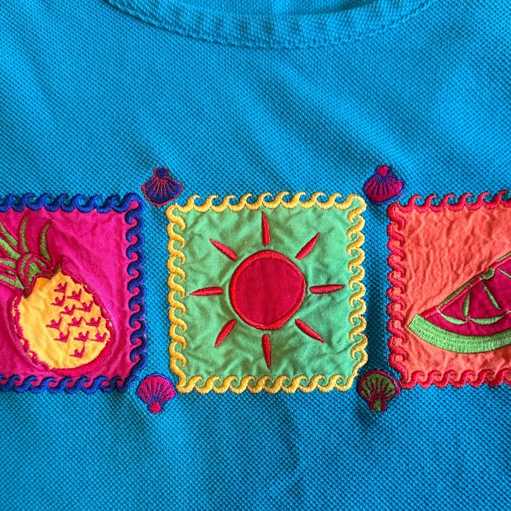 Karen Scott Bright Turquoise Tank with Colorful Fruit Embroidery - Picture 4 of 7